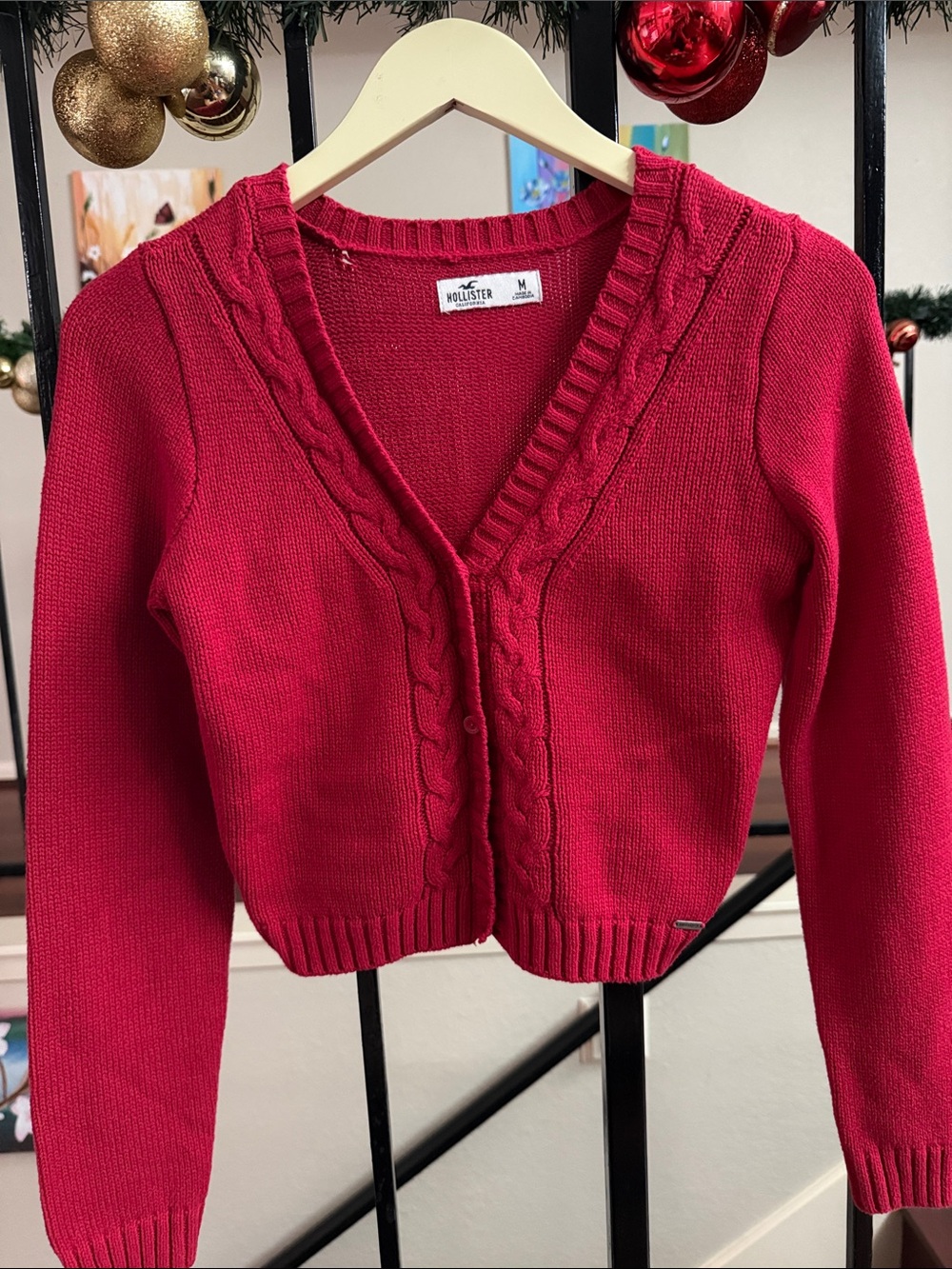 Hollister Red Cropped Cable-Trim Cardigan